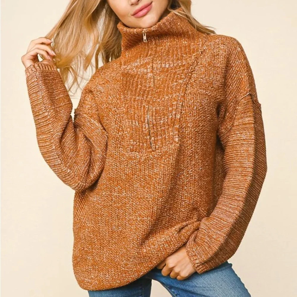 Plus Size Chestnut Brown Two-Tone Fall Half-Zip Pullover Knit Sweater, 1X-2X-3X - Picture 7 of 10